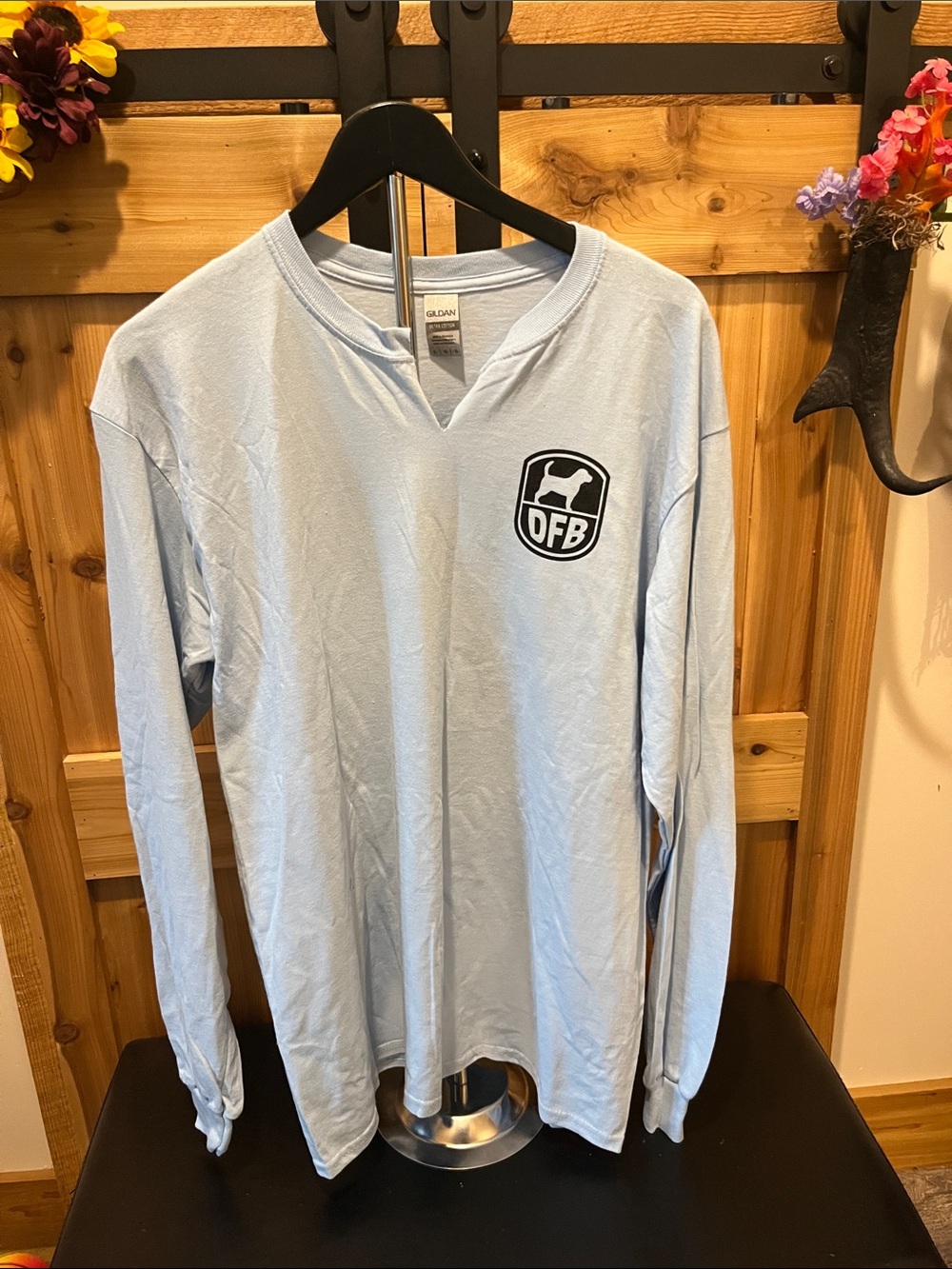 Gildan Light Blue Long Sleeve Cut V-Neck Shirt with Davis’ Farm Beagles